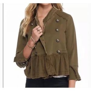 Free People Peplum Military Olive Green Ruffled Hem Double Breasted Jacket XS